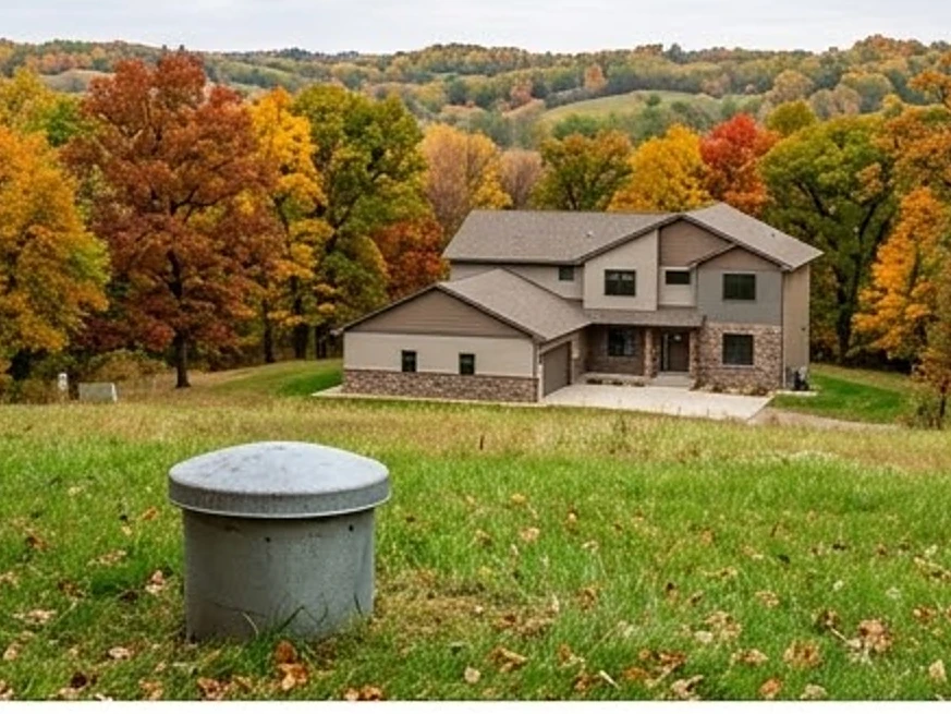Heron Lake, MN water testing: well cap in the foreground, newer two-story home on a rural lot behind it in the Minnesota River valley in autumn color