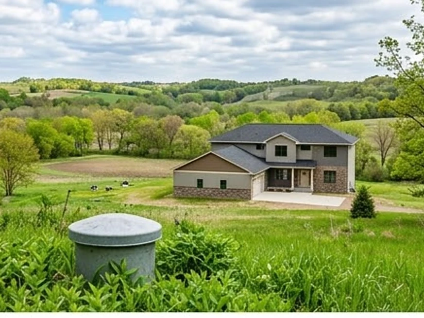 Lexington, MN water testing: well cap in the foreground, newer two-story home on a rural lot behind it in the Minnesota River valley in spring green