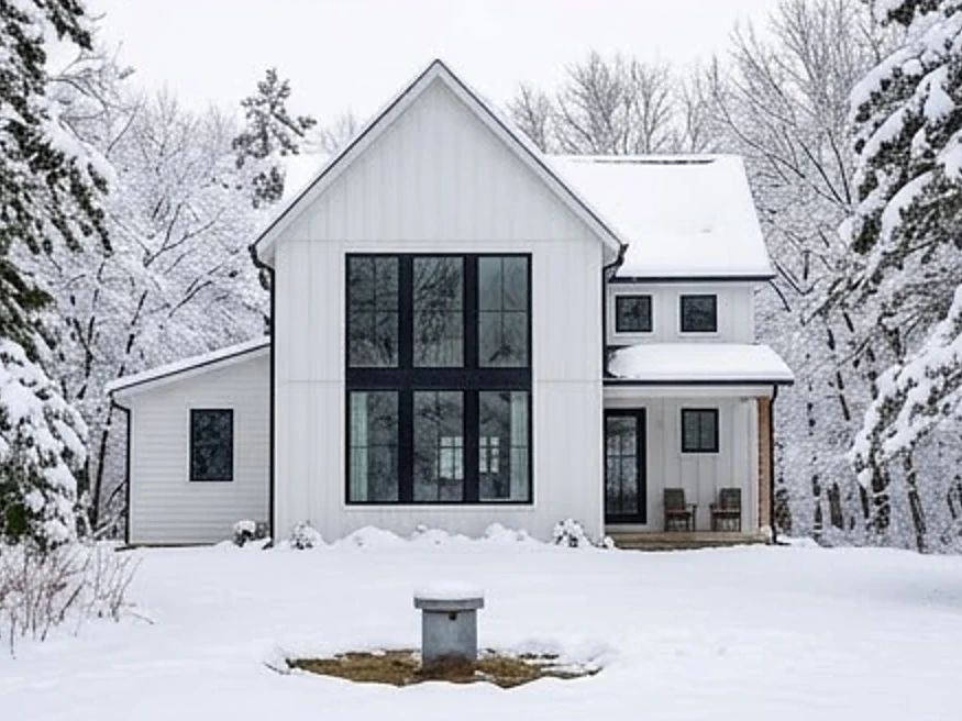 Well cap in the foreground, modern farmhouse with black windows behind it in the Minnesota River valley in winter snow (Jackson County, Minnesota)
