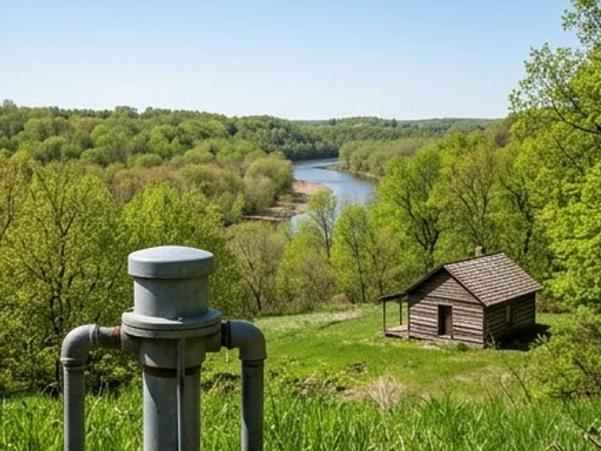 Heron Lake, MN water testing: well cap in the foreground, small cabin behind it in the Minnesota River valley in spring green