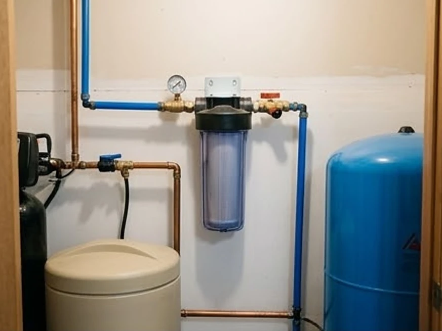 Rutland, IA water testing: whole-house sediment filter canister in a Iowa utility closet
