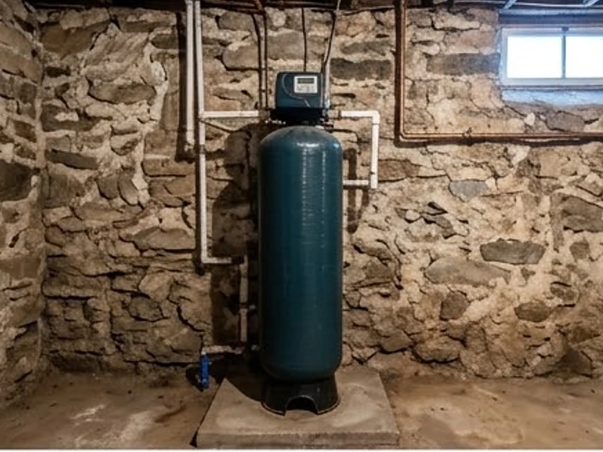Lexington, MN water testing: iron filter tank on the water line in an older fieldstone Minnesota basement