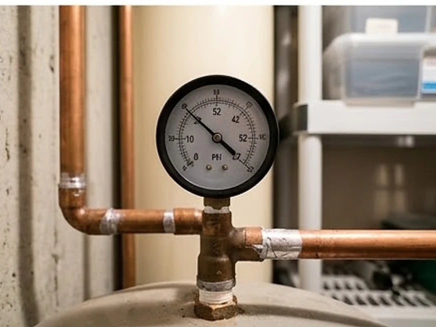 Pressure gauge close-up on a well tank in a Iowa utility closet (Winnebago County, Iowa)