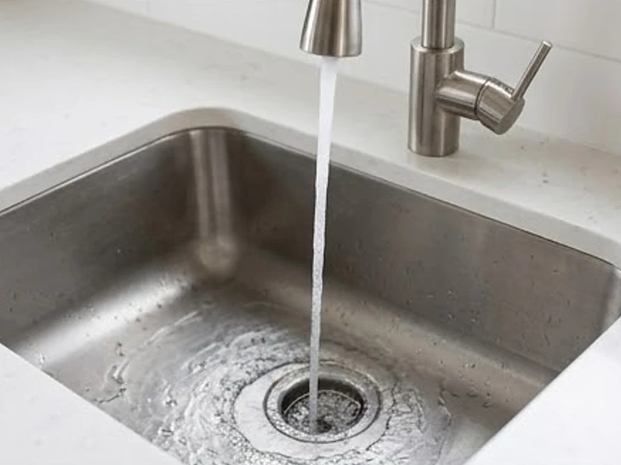 Leland, IA water testing: kitchen sink with clear running water in a modern white Iowa kitchen