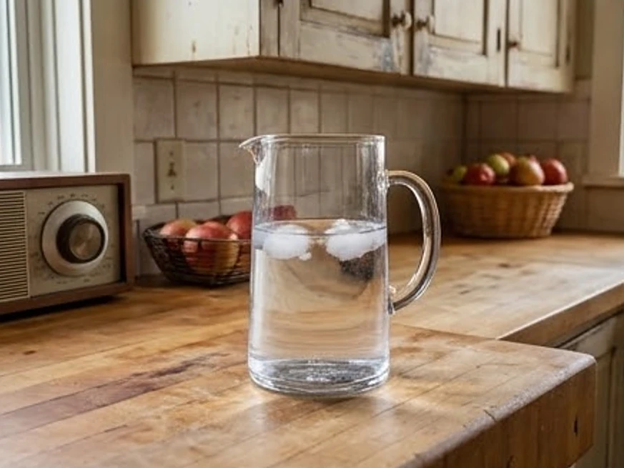 Edgerton, MN water testing: pitcher of water on a counter in a Minnesota farmhouse kitchen
