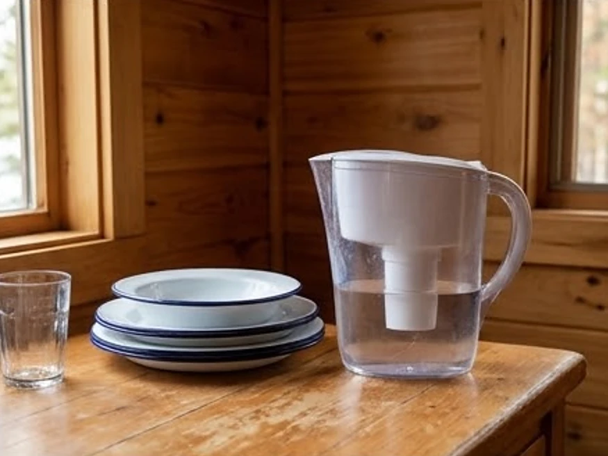 Newport, MN water testing: water filter pitcher on a counter in a Minnesota lake cabin kitchen