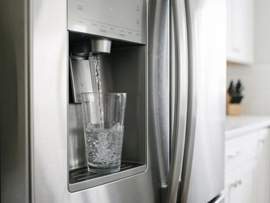 Refrigerator water dispenser filling a glass in a modern white Minnesota kitchen (Washington County, Minnesota)