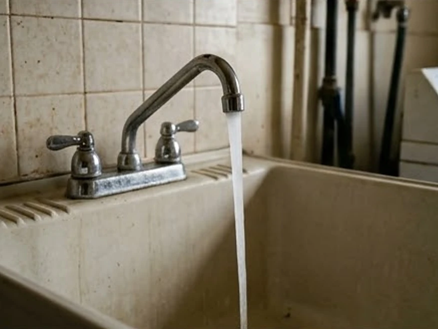 Newport, MN water testing: laundry tub faucet running in a Minnesota farmhouse kitchen