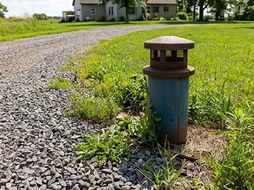 Sandyville, IA water testing: well cap near a gravel driveway in Iowa summer