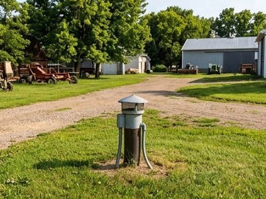 Well cap in a farmyard in Iowa summer (Warren County, Iowa)