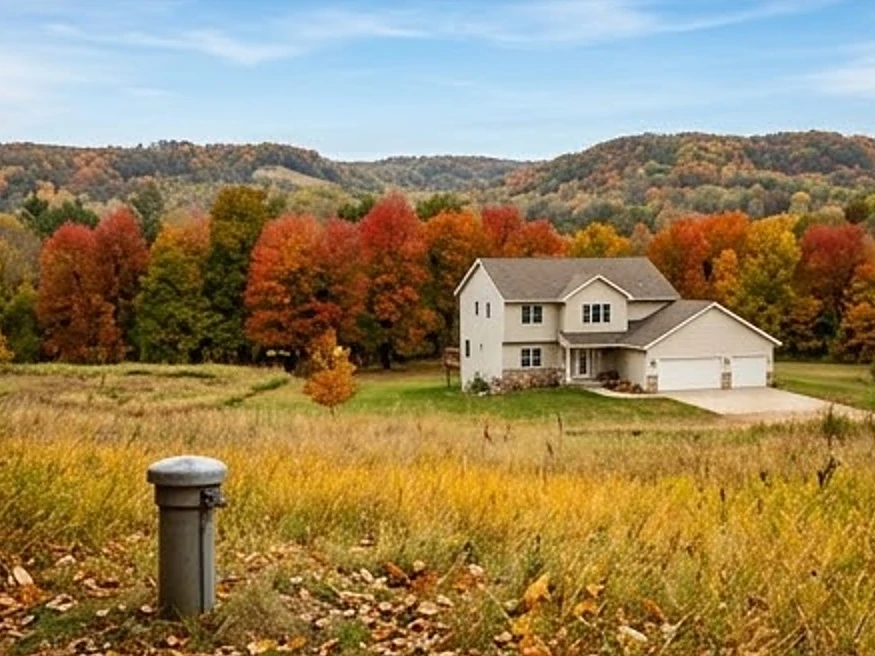Minneapolis, MN water testing: well cap in the foreground, newer two-story home on a rural lot behind it in southeastern Minnesota bluff country in autumn color