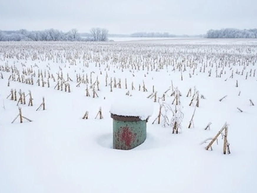 Well cap at the edge of a cornfield in Iowa winter snow (Worth County, Iowa)