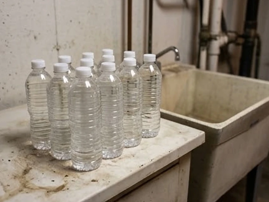 Water sample bottles with white caps on a counter at a Iowa basement utility sink: well water testing in Woolstock, IA