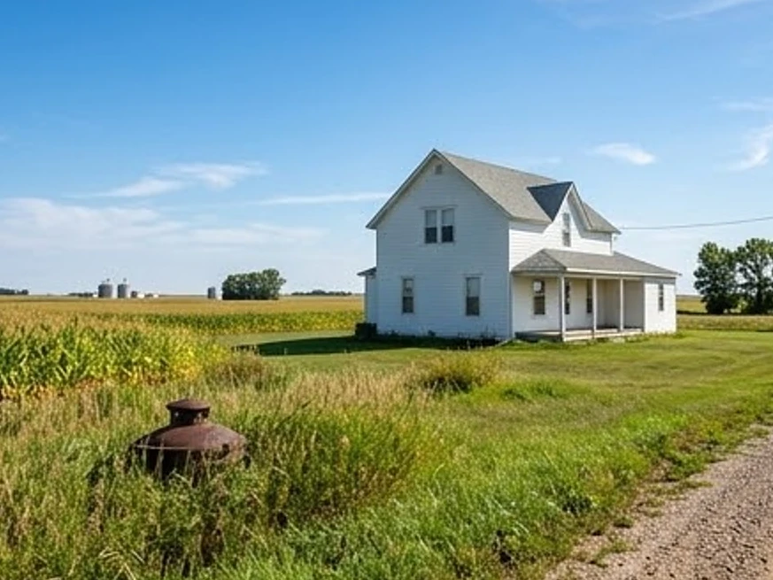 Woodbury, MN water testing: well cap in the foreground, farmhouse behind it on the southwestern Minnesota prairie in summer