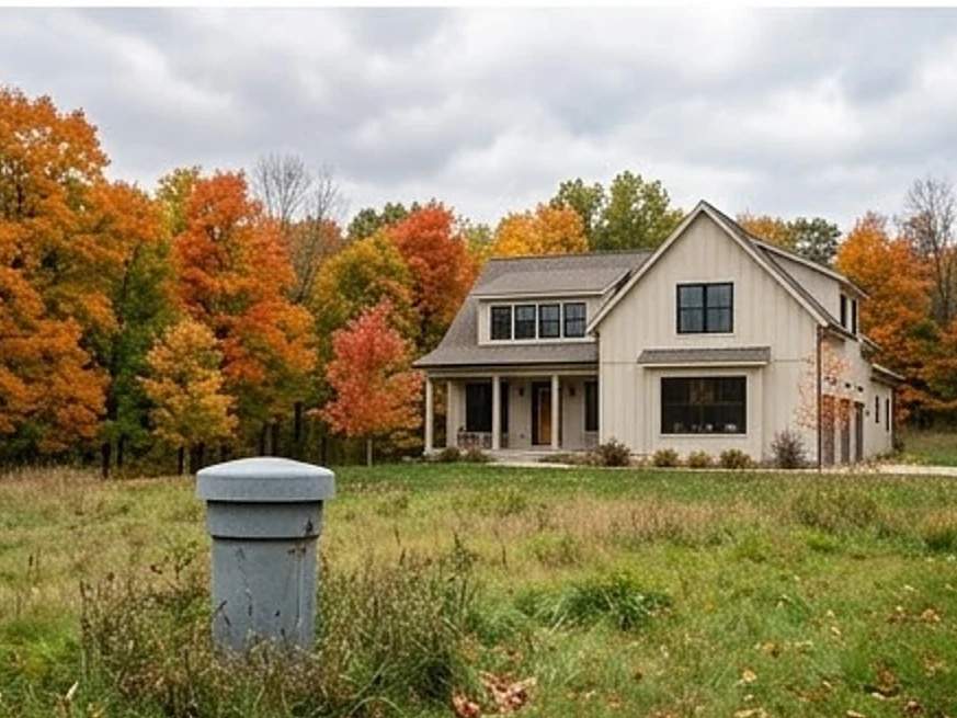 Well cap in the foreground, modern farmhouse with black windows behind it in southeastern Minnesota bluff country in autumn color (Washington County, Minnesota)