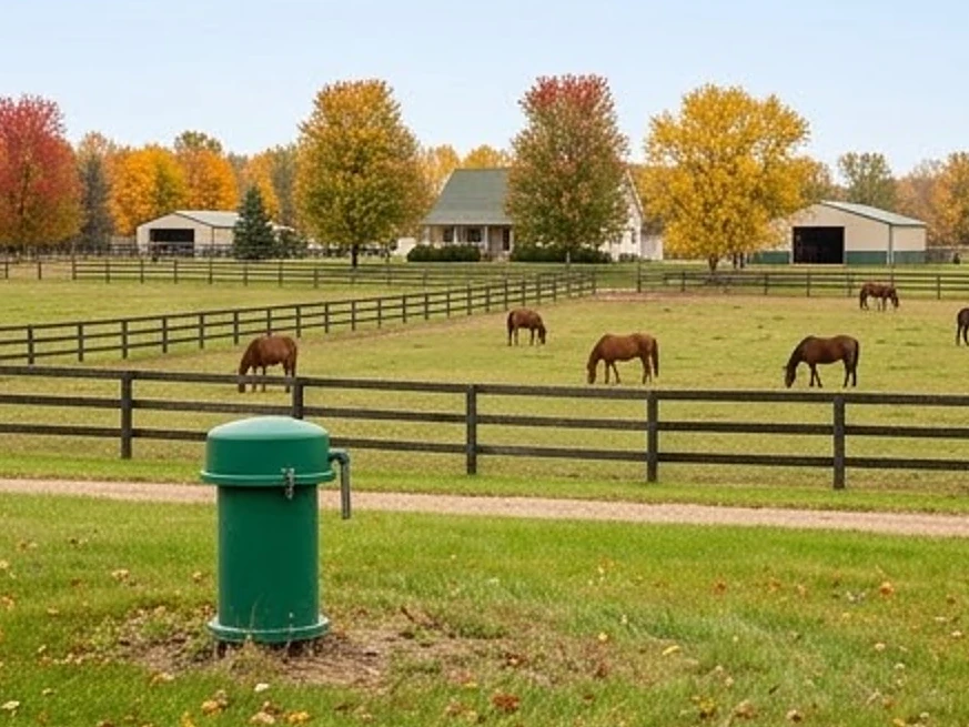 Well cap in the foreground, hobby farm with horses behind it in rural Minnesota in autumn color (Dakota County, Minnesota)