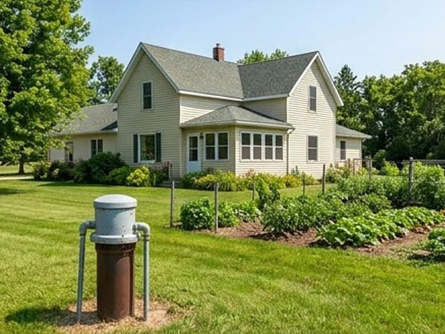 Grand Meadow, MN water testing: well cap in the foreground, farmhouse with a vegetable garden behind it in rural Minnesota in summer