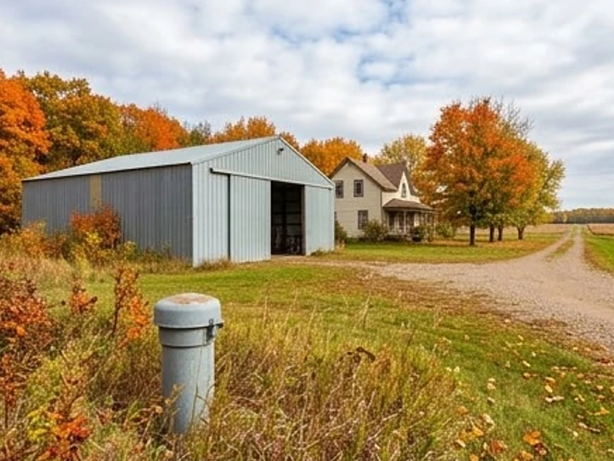 Well cap in the foreground, machine shed and farmhouse behind it in rural Minnesota in autumn color (Mower County, Minnesota)