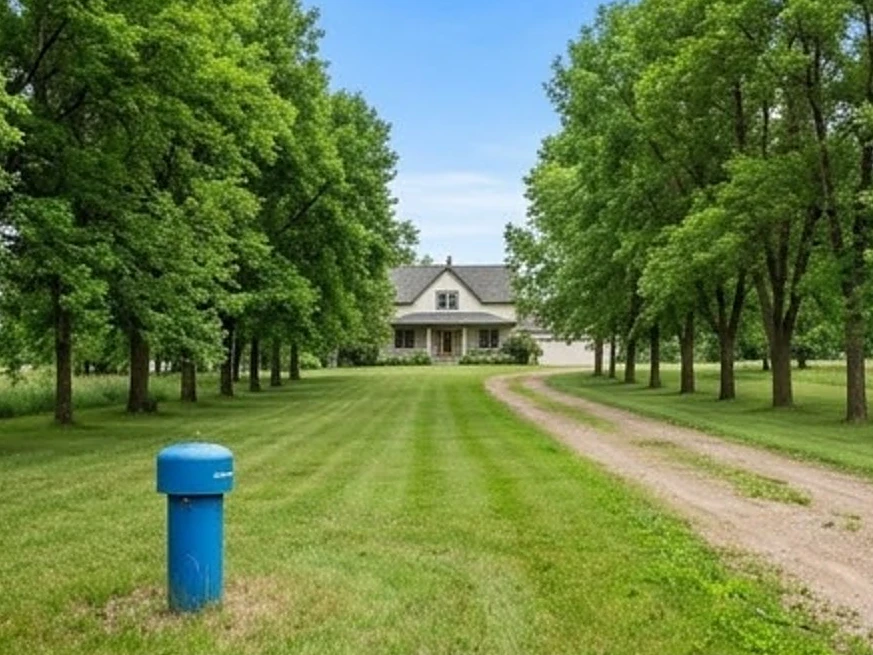 Grand Meadow, MN water testing: well cap in the foreground, farmhouse at the end of a tree-lined drive behind it in rural Minnesota in summer