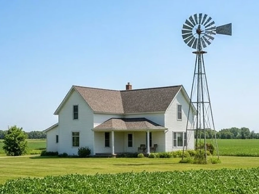 Hayfield, MN water testing: well cap in the foreground, farmhouse with a windmill behind it in rural Minnesota in summer
