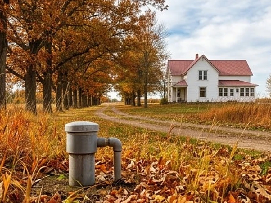 Well cap in the foreground, farmhouse at the end of a tree-lined drive behind it in rural Minnesota in autumn color (Dodge County, Minnesota)