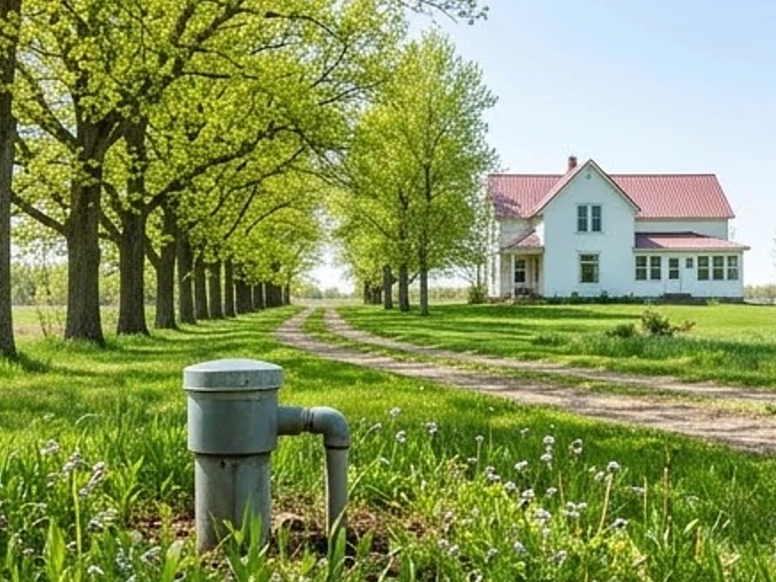 Well cap in the foreground, farmhouse at the end of a tree-lined drive behind it in rural Iowa in spring green (Webster County, Iowa)