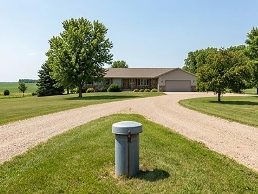 Woodbury, MN water testing: well cap in the foreground, ranch home on acreage behind it on the southwestern Minnesota prairie in summer