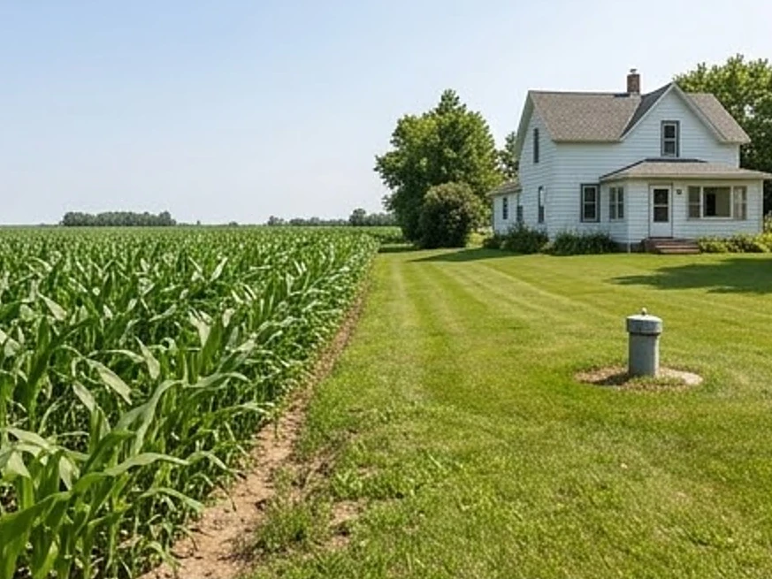 Madrid, IA water testing: iowa cornfield running right up to a farmhouse lawn with a well cap in summer