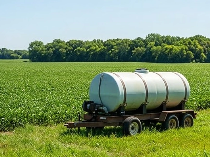 Charles City, IA water testing: fertilizer tank on a trailer at the edge of a Iowa field in summer