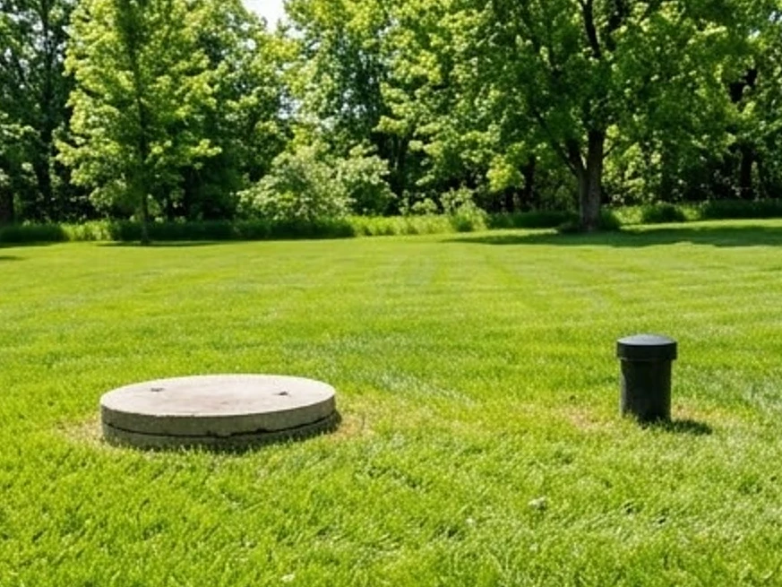 Udell, IA water testing: septic tank access lid in a lawn a short distance from a well cap in Iowa summer