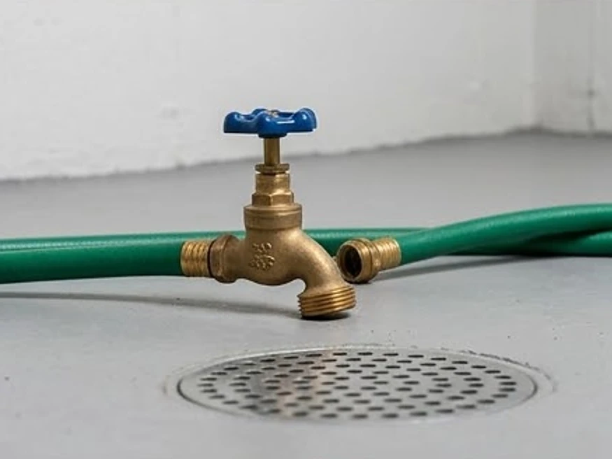 Barnes City, IA water testing: garden hose running from a basement faucet back to a floor drain in a Iowa basement