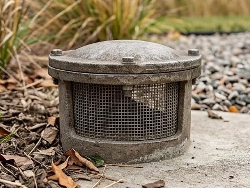 Britt, IA water testing: well cap with the vent screen being inspected, no hands at a Iowa home