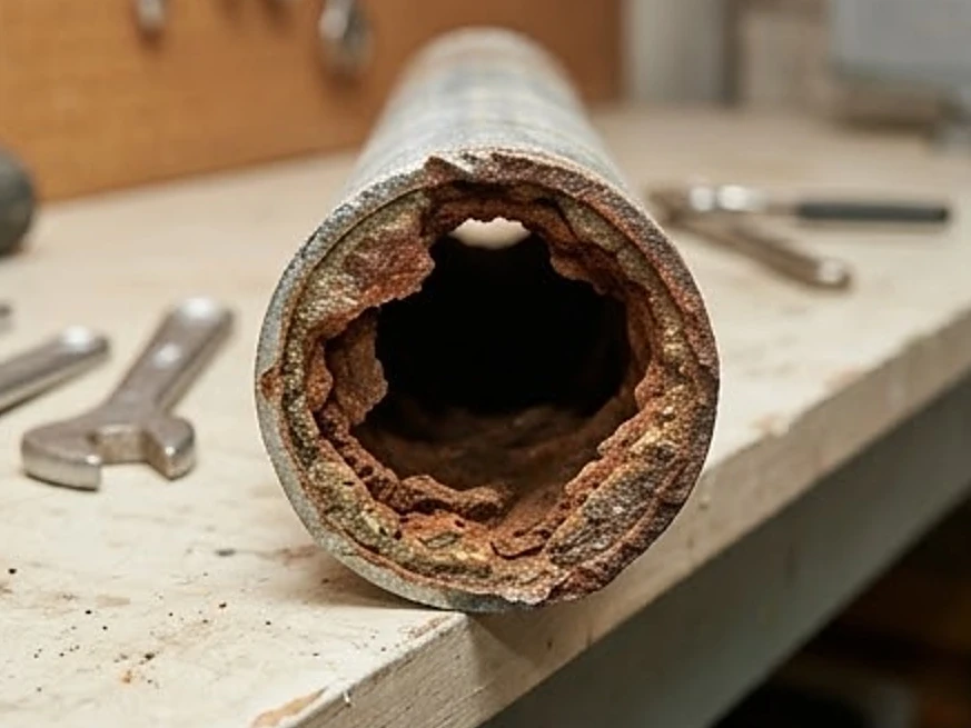 Old galvanized water pipe cut open showing rust inside in an older Iowa basement (Mahaska County, Iowa)