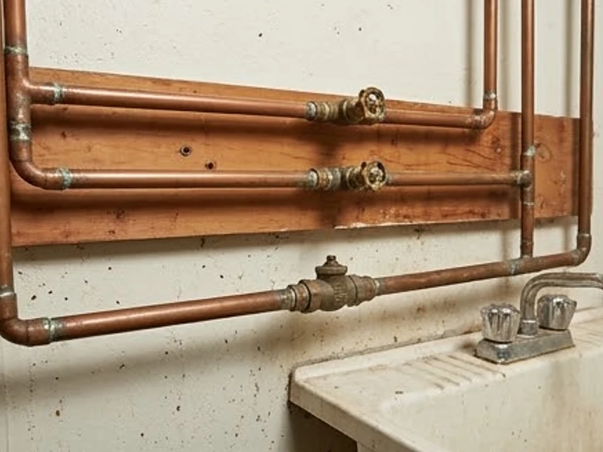 Norwalk, IA water testing: soldered copper pipe joints on an older water line in a 1950s Iowa basement