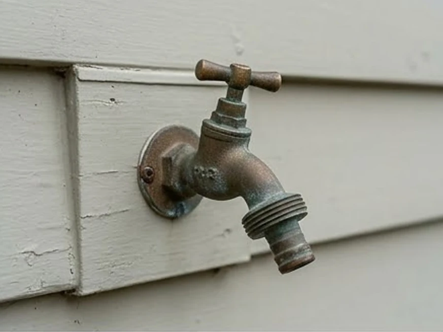 Barnes City, IA water testing: brass faucet with a weathered finish in a 1940s Iowa bungalow