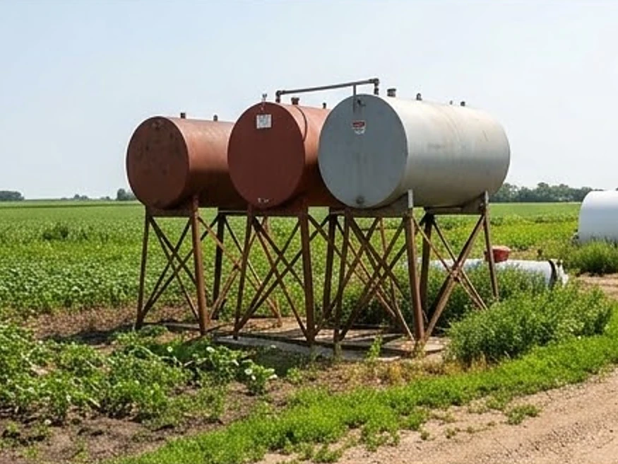 Farm fuel tanks on stands in a Iowa farmyard in summer: well water testing in Kellogg, IA