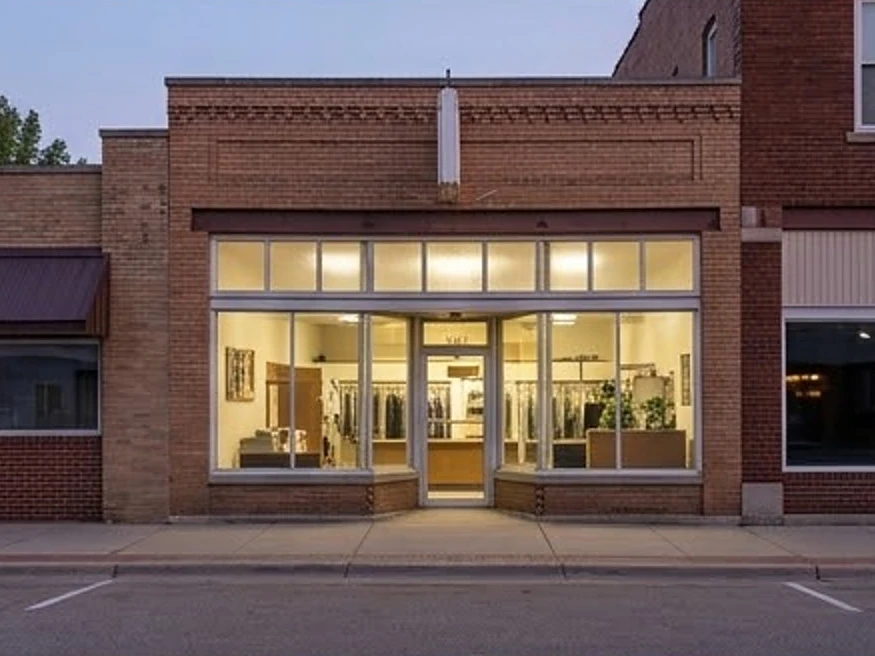 Oakland Acres, IA water testing: old dry cleaner storefront on a Iowa main street in evening light