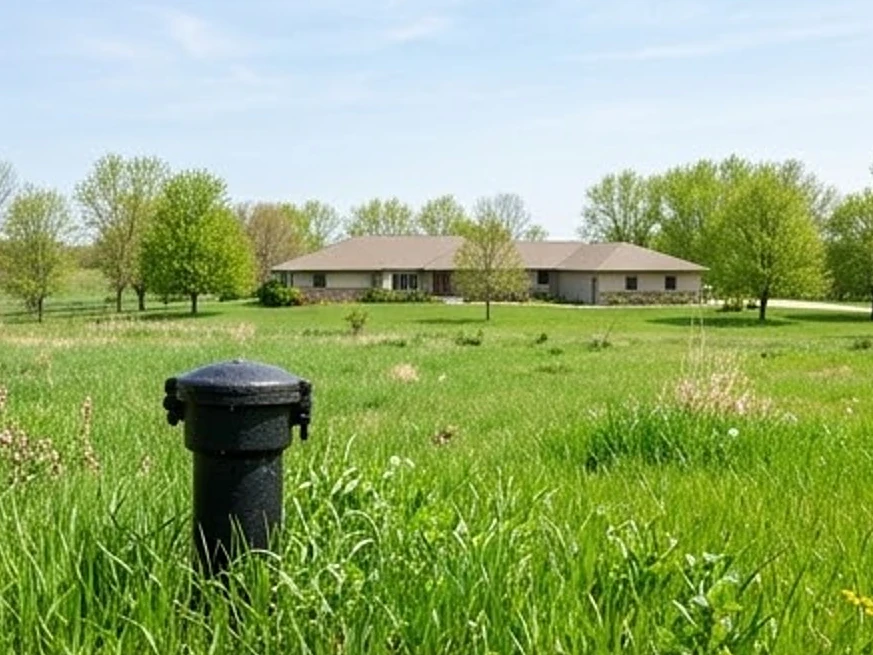 Well cap in the foreground, ranch home on acreage behind it on the southwestern Minnesota prairie in spring green: well water testing in Lauderdale, MN
