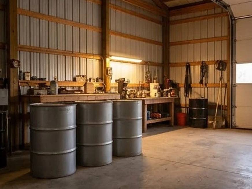 Centerville, IA water testing: pole barn shop with drums of oil in a Iowa farmyard (no brands) in evening light