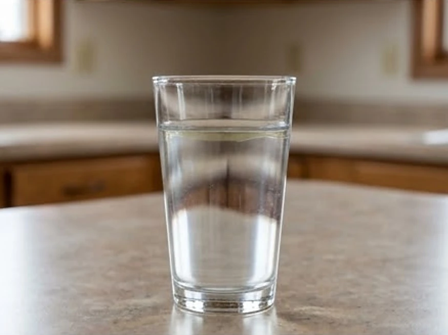 Glass of water with a faint oily sheen on a Iowa kitchen counter wider view (Jasper County, Iowa)