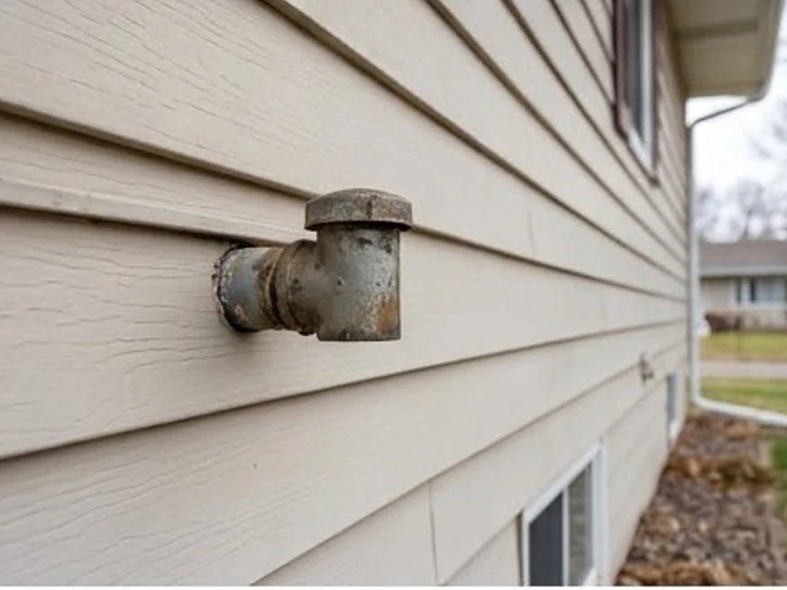 Cumming, IA water testing: fuel smell warning: old oil tank vent pipe on a Iowa house wall wider view