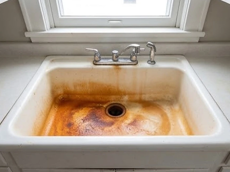 Centerville, IA water testing: rust-orange staining on a white Iowa farmhouse sink in an older Iowa home