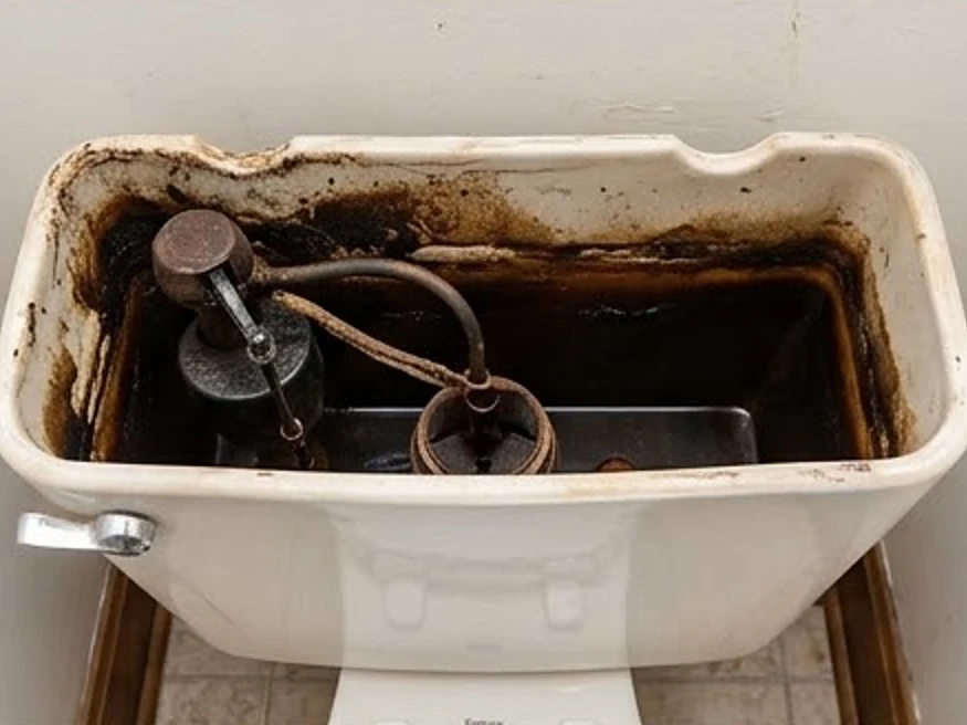 Black manganese staining in a toilet tank in an older Iowa home (Warren County, Iowa)