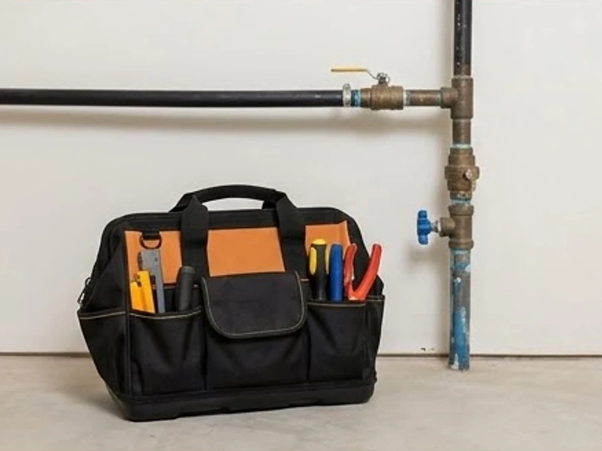 Home inspector's tool bag beside a basement water line in Iowa, no people in a newer basement (Dallas County, Iowa)