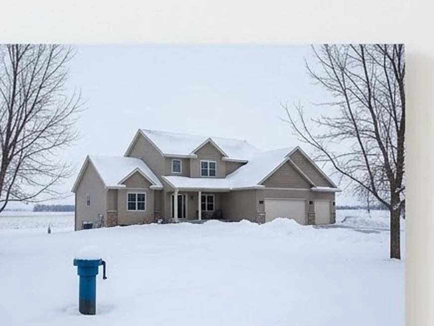 Well cap in the foreground, newer two-story home on a rural lot behind it on the southwestern Minnesota prairie in winter snow: well water testing in Lauderdale, MN