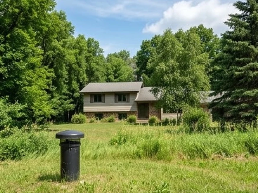 Eden Prairie, MN water testing: well cap in the foreground, split-level home on a wooded lot behind it in central Minnesota lake country in summer