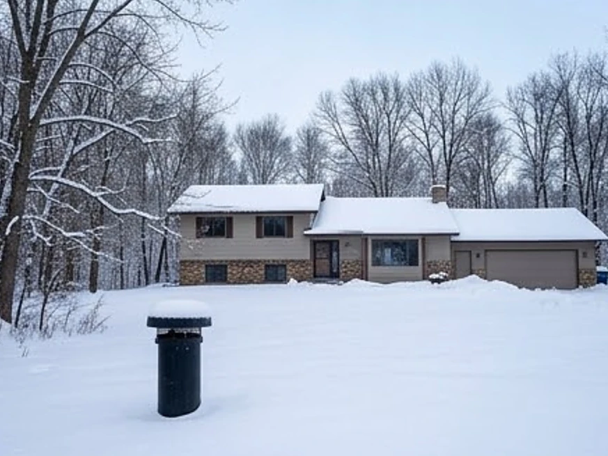 Well cap in the foreground, split-level home on a wooded lot behind it in central Minnesota lake country in winter snow (Ramsey County, Minnesota)