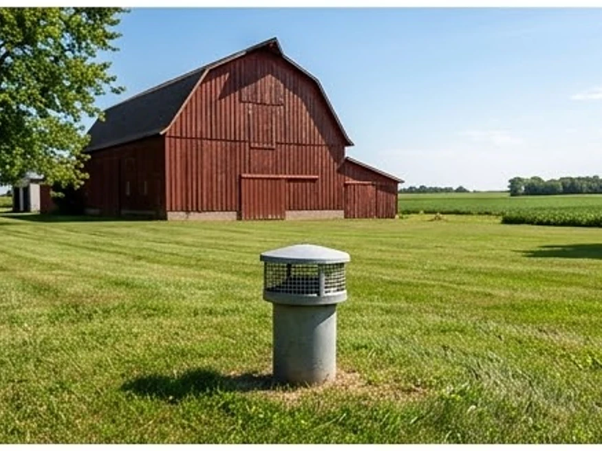 Gowrie, IA water testing: well cap in the side yard of a Iowa farmhouse with a red barn in summer