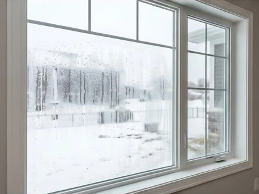 Window with winter condensation, newer home